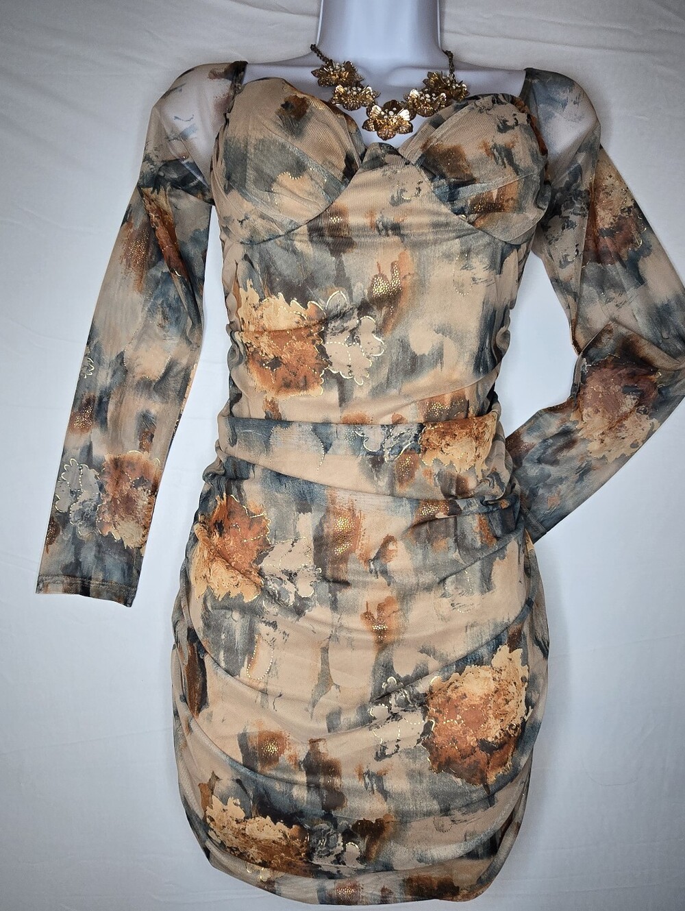 STEPS NY Floral Metallic Mini Dress L Ruched Sweetheart Neck Long Sleeve
